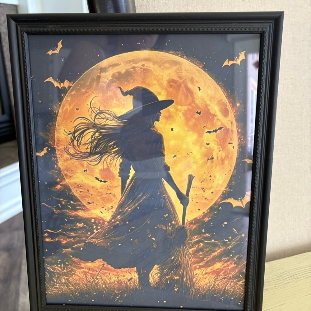 Witch Silhouette with Full Moon – Framed Halloween Art Print (8.5x11)